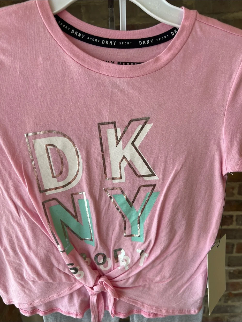 DKNY Pink Tie-Front Top with Gray Leggings Kids Pajama Set